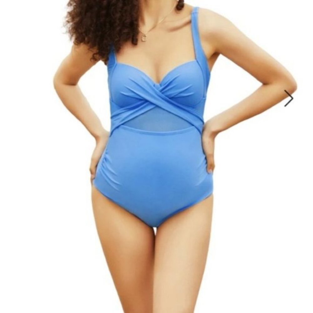Blue Twist-Front One-Piece Maternity  Swimsuit - Picture 2 of 5